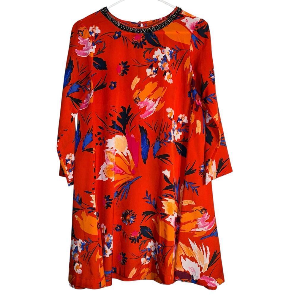 Maeve Anthropologie Red Floral Beaded Neckline Shift Dress Size XS